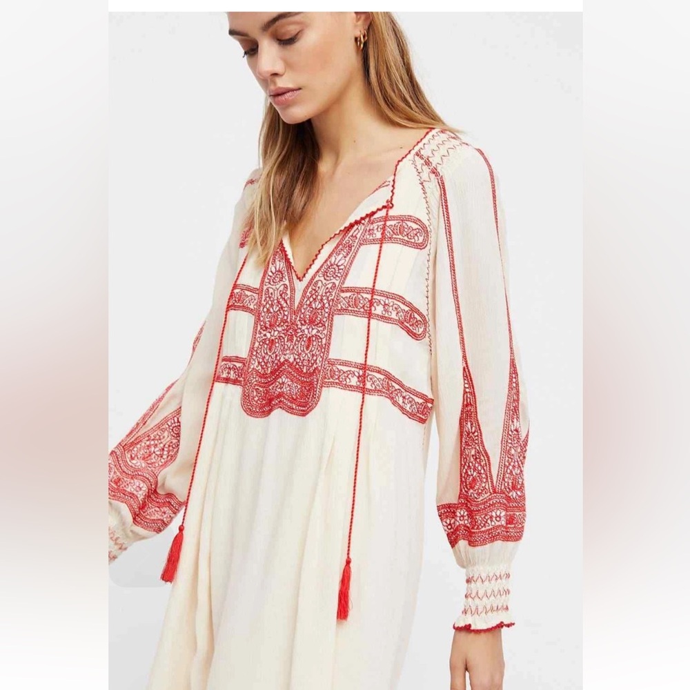 Free People Red and Cream Long Sleeve Dress
